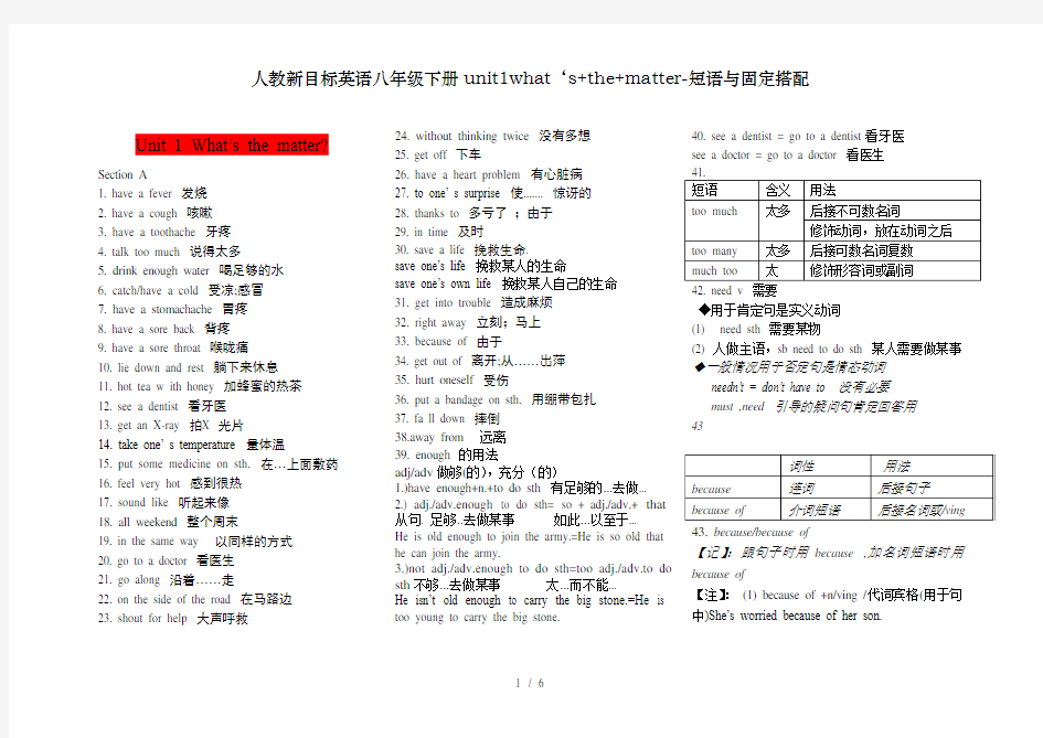 人教新目标英语八年级下册unit1what‘s+the+matter-短语与固定搭配