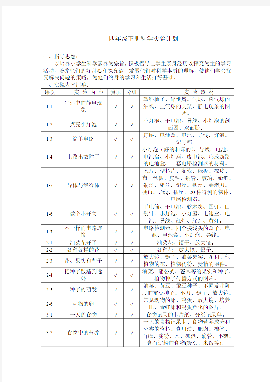 教科版小学科学四年级下册实验教学工作计划