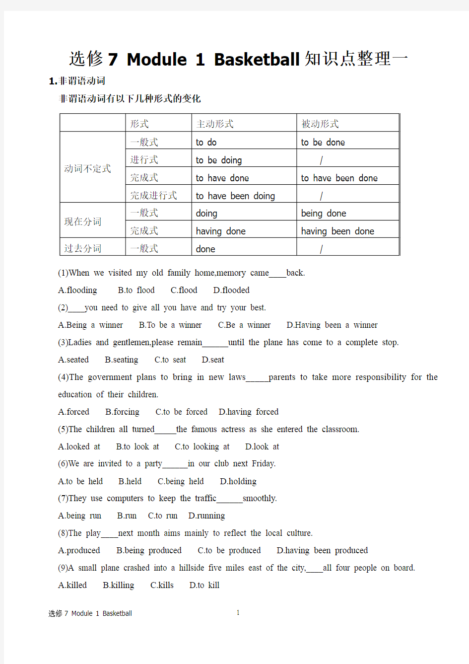 (外研版)选修7 Module 1 Basketball知识点整理一