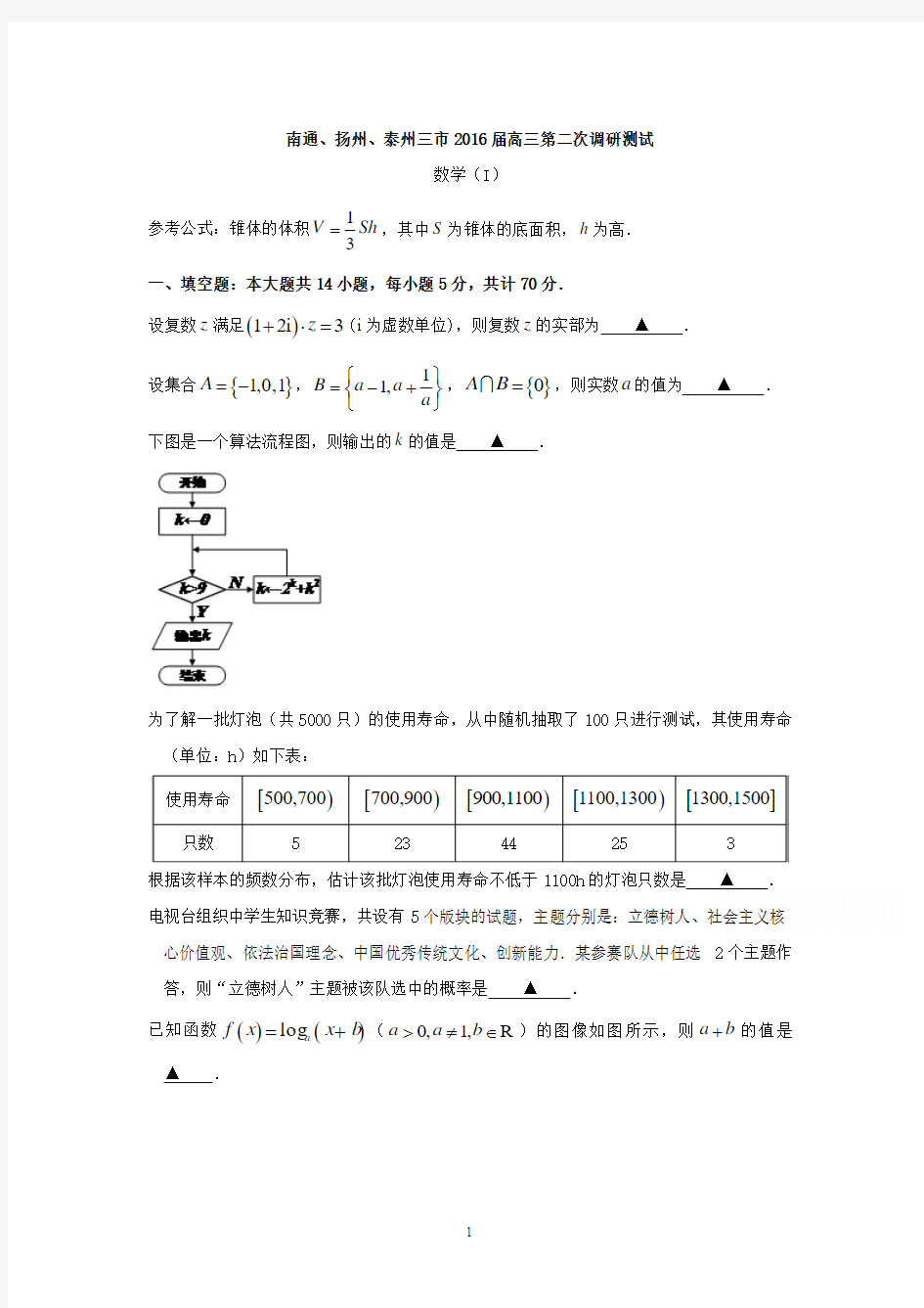 高三数学-苏中三市(南通、扬州、泰州)2016届高三第二次调研测试数学试题