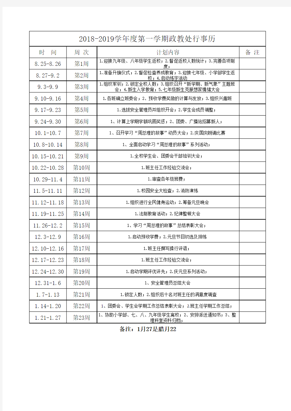 2018-2019学年度第一学期政教处行事历