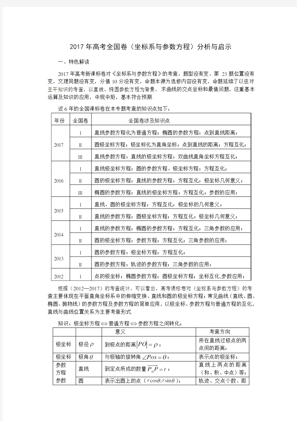 【高考解读】2017年高考全国卷(坐标系与参数方程)分析与启示