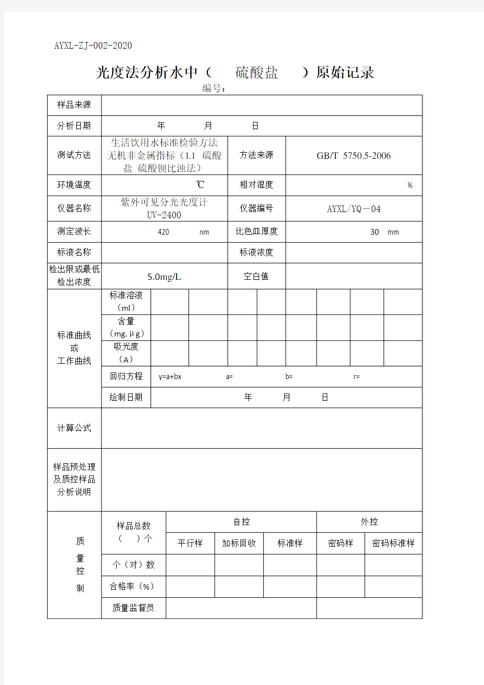 (水质检测实操原始记录)硫酸盐