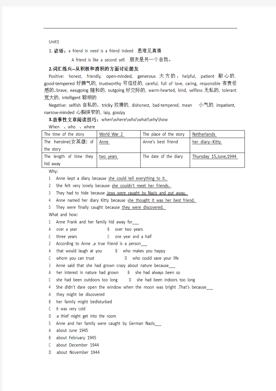 人教版高一英语必修一unit1知识梳理及重点词汇解析