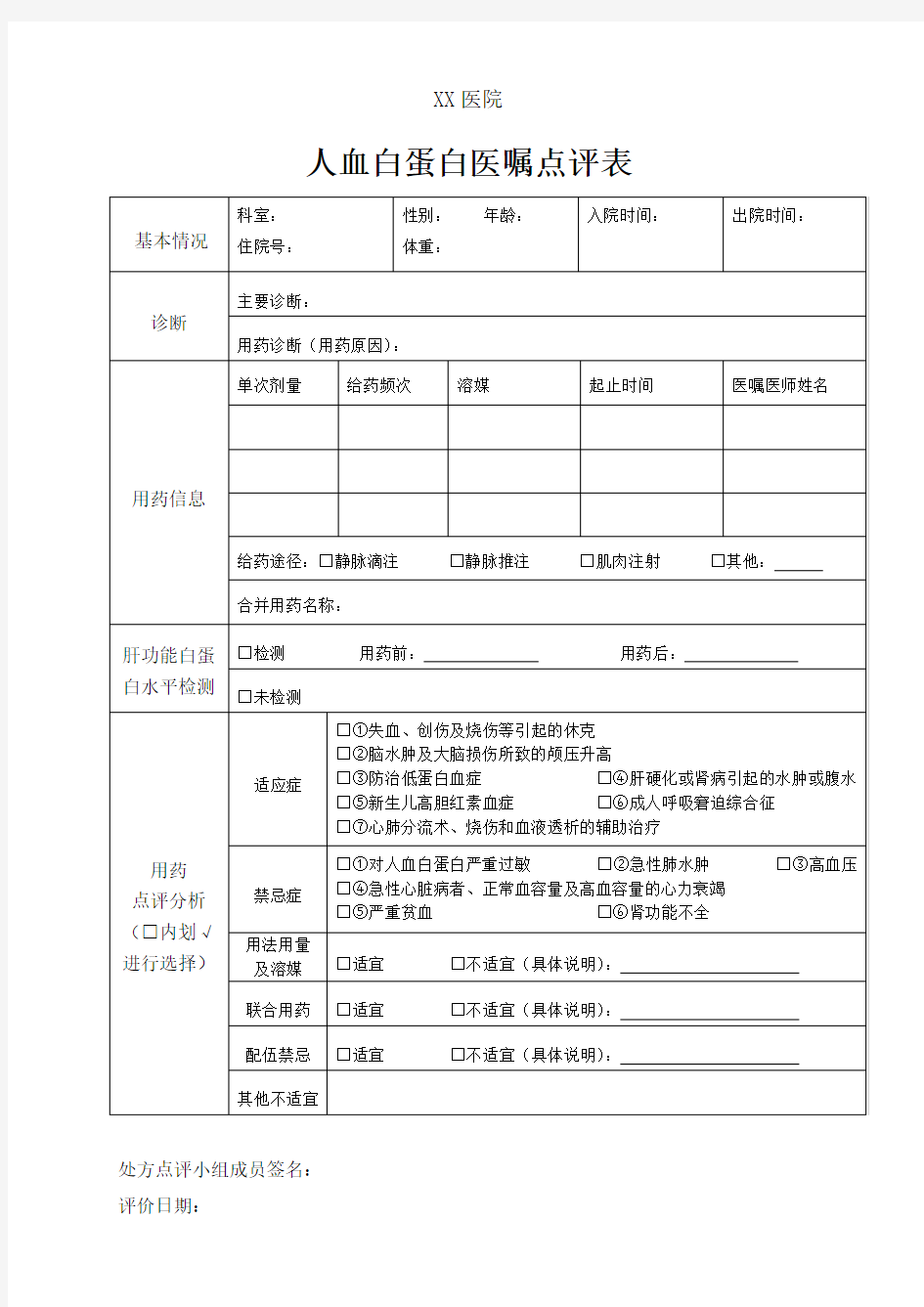 人血白蛋白合理使用医嘱点评表