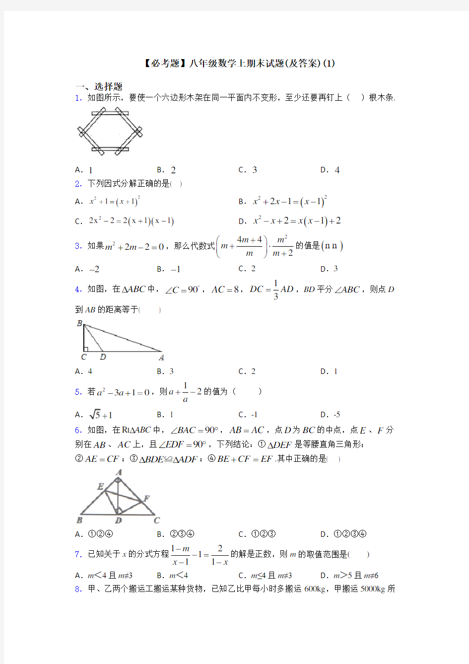 【必考题】八年级数学上期末试题(及答案)(1)