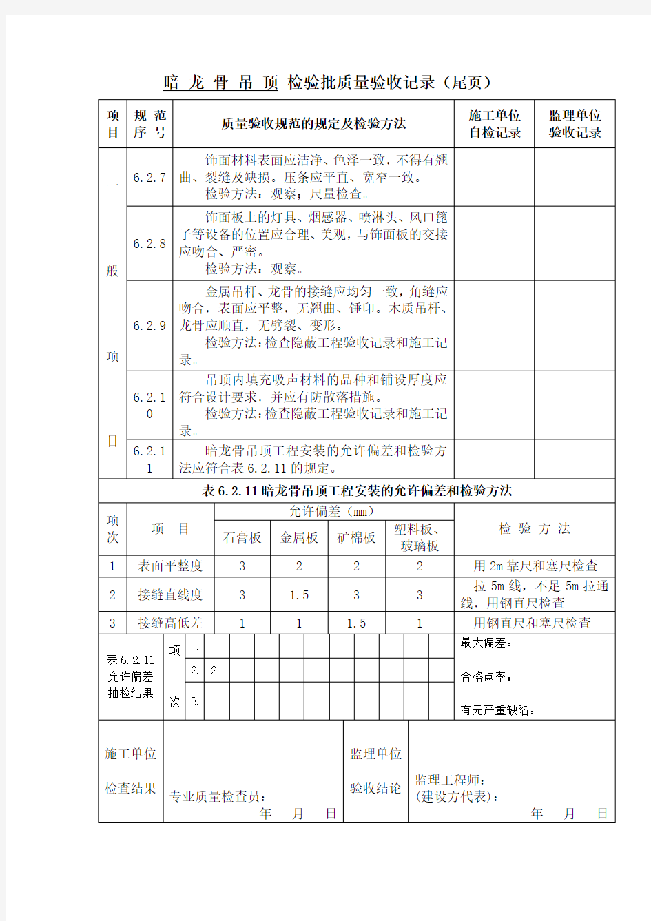 暗龙骨吊顶检验批质量验收记录(尾页)