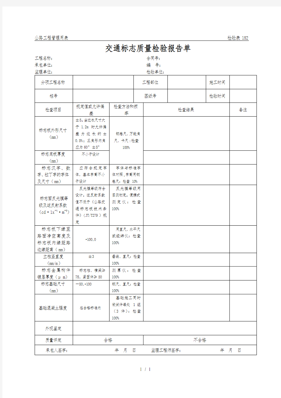 公路工程管理用表范本-交通标志质量检验报告单