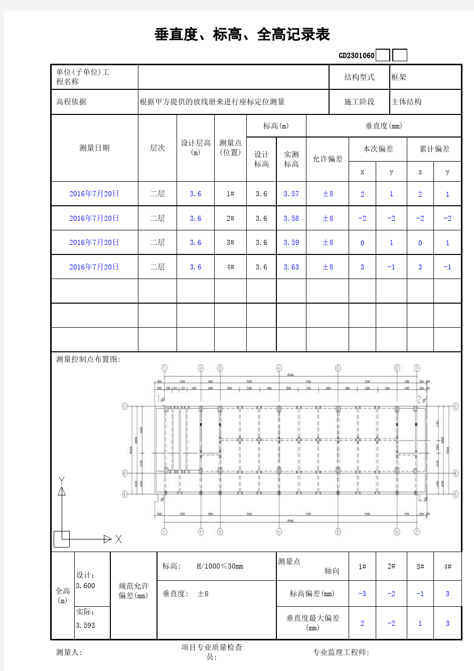 垂直度、标高、全高记录表(自动计算)GD2301060