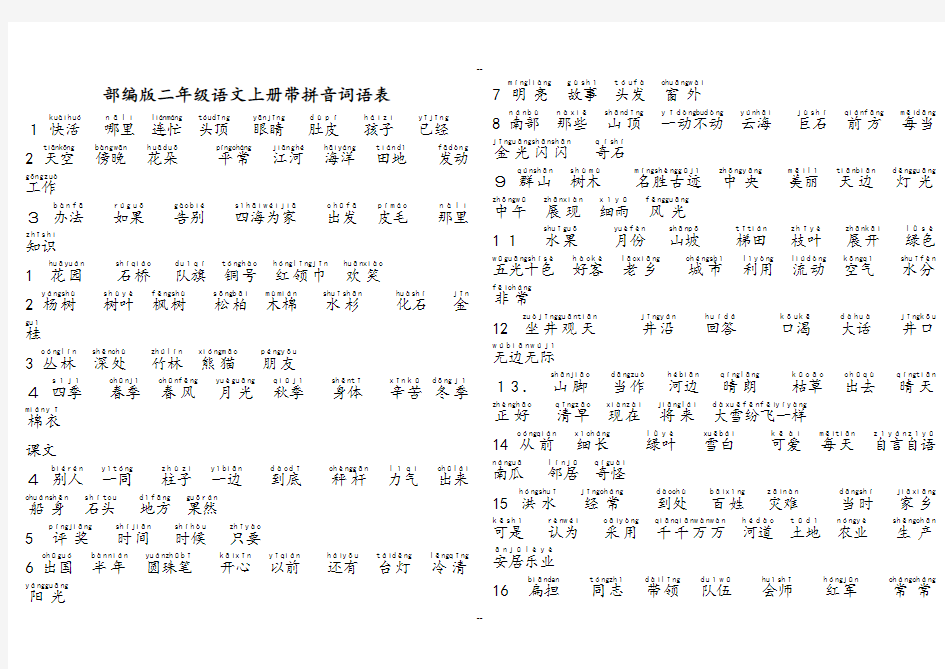 最新部编版小学二年级语文上册带拼音词语表