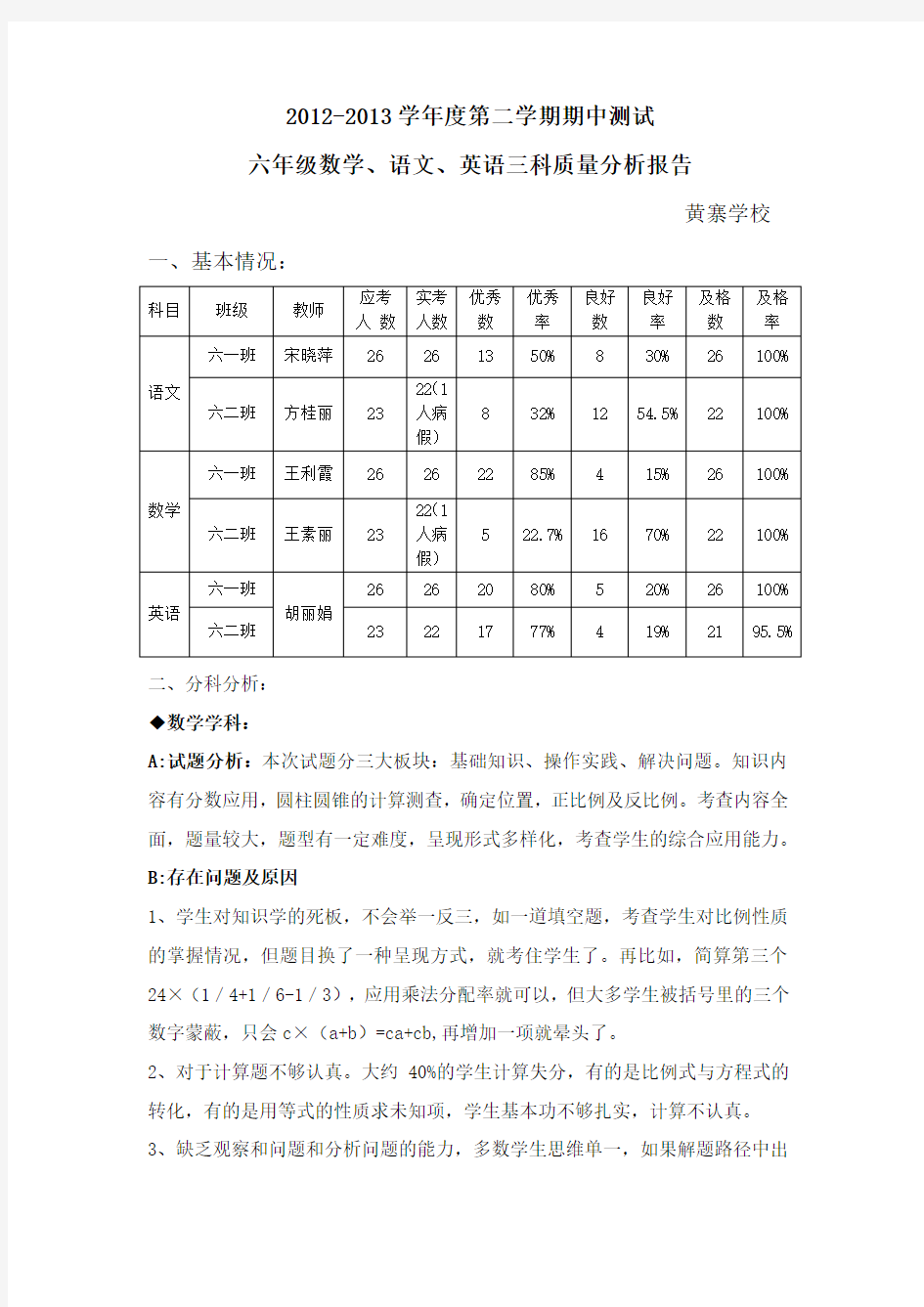 六年级质量分析