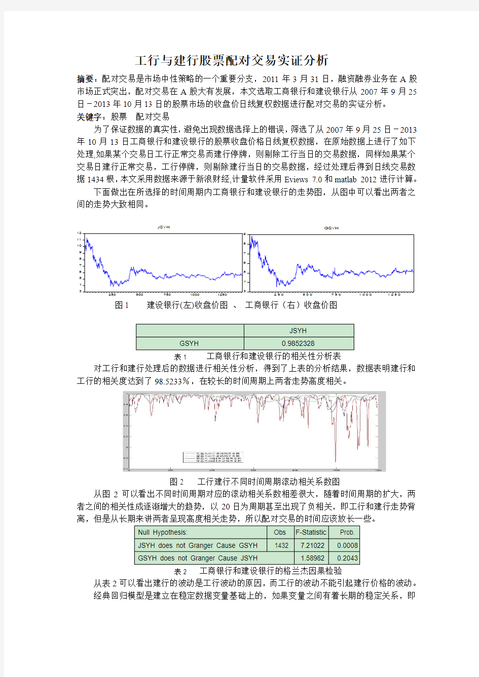 工行与建行股票配对交易实证分析