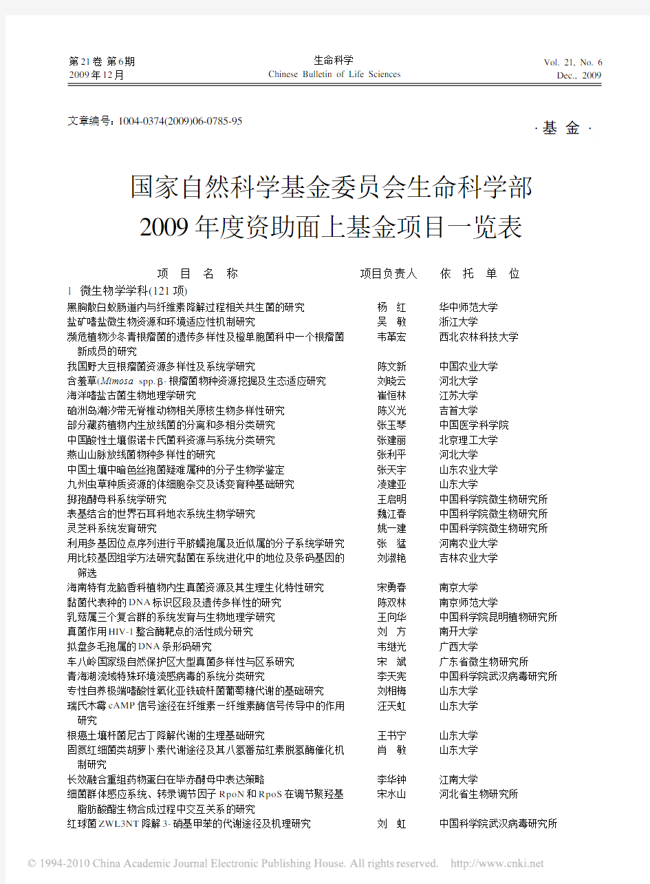 国家自然科学基金2009年度资助面上基金项目一览表