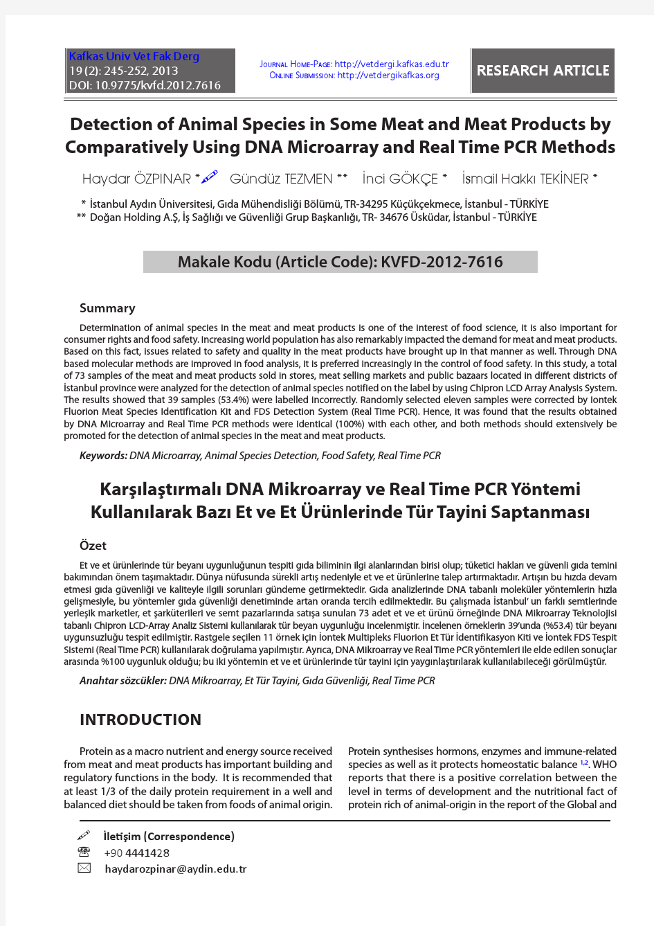 Detection of Animal Species in Some Meat and Meat Products by Using DNA Microarray and RT PCR