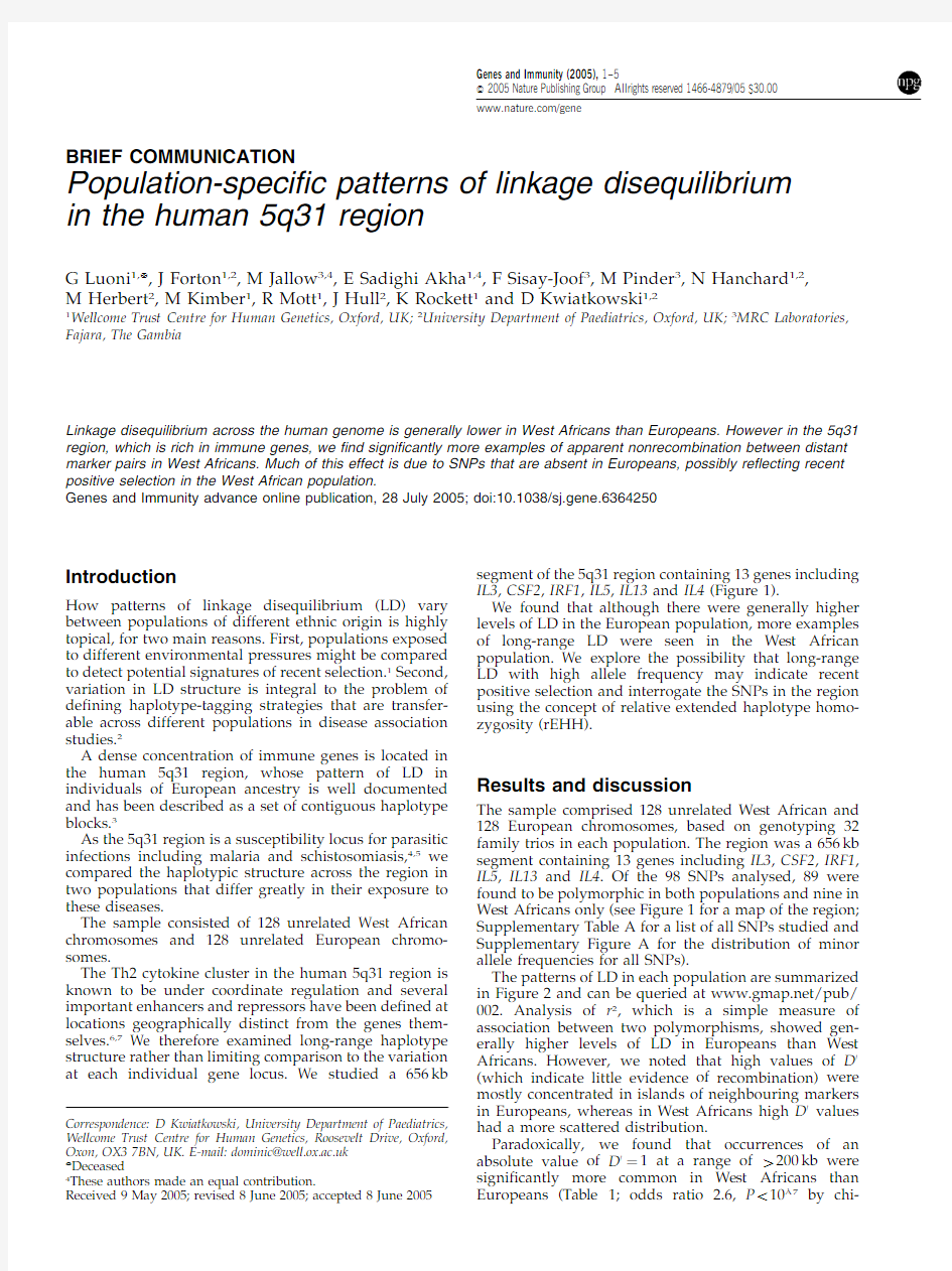 BRIEF COMMUNICATION Population-specific patterns of linkage disequilibrium in the human 5q3
