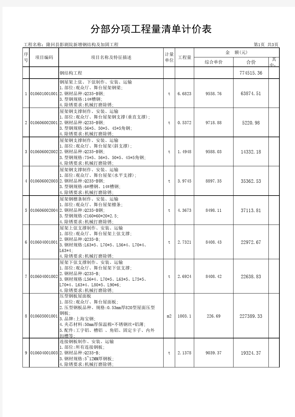 钢结构分部分项工程量清单计价表