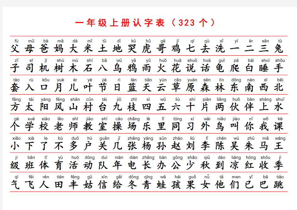 一年级小学语文上册认字表