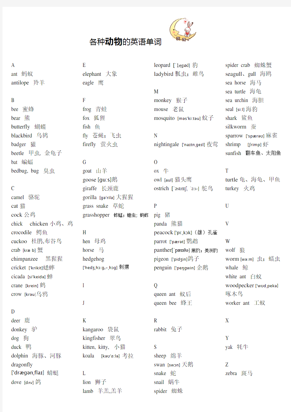 各种动物的英语单词