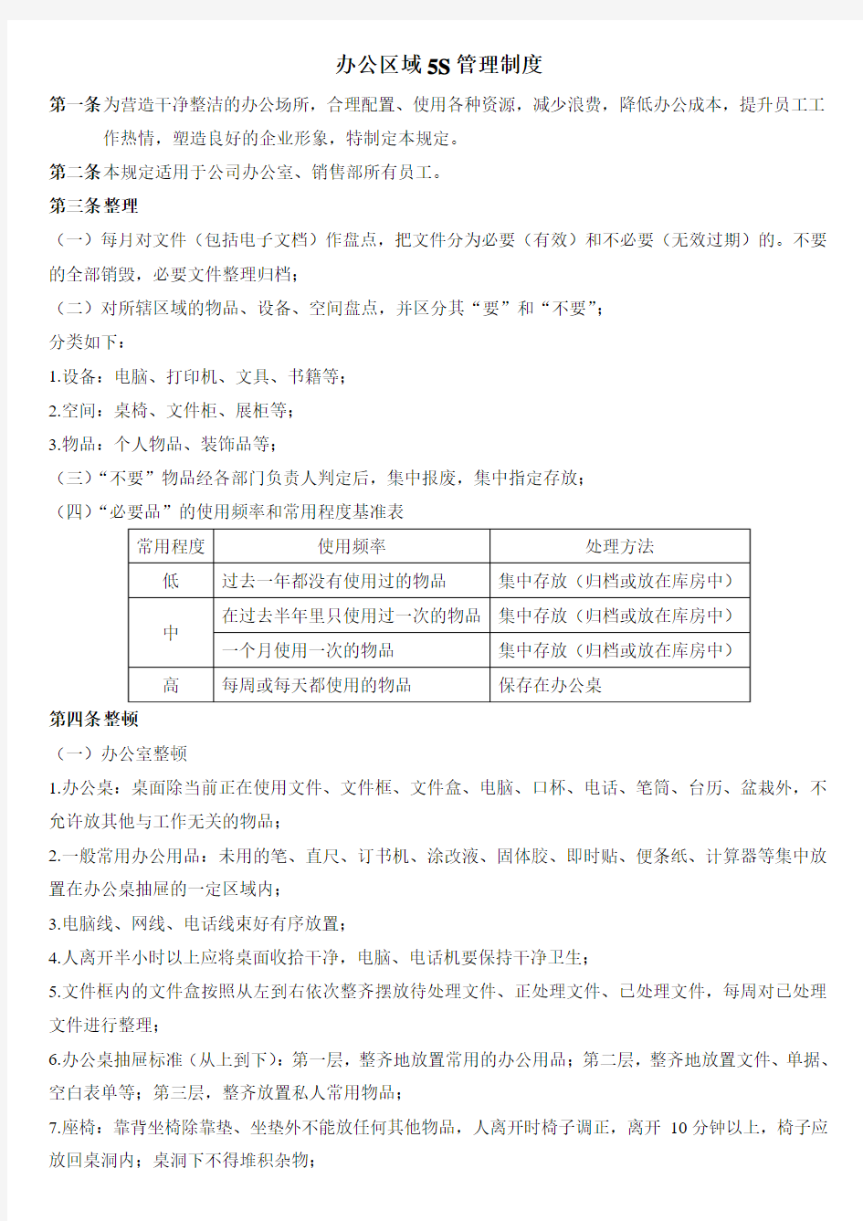 办公区域5S管理制度