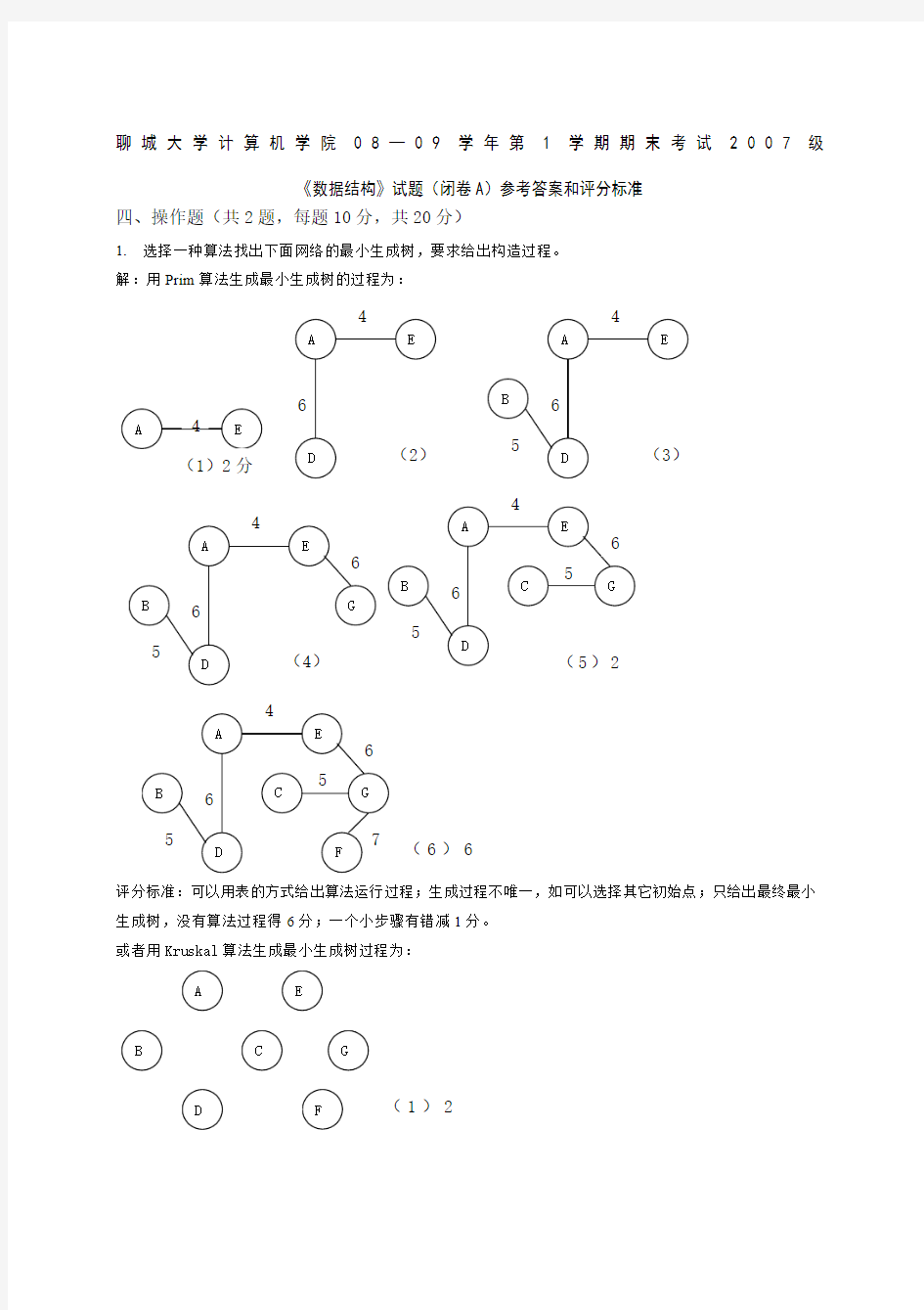 聊城大学计算机学院数据结构A答案