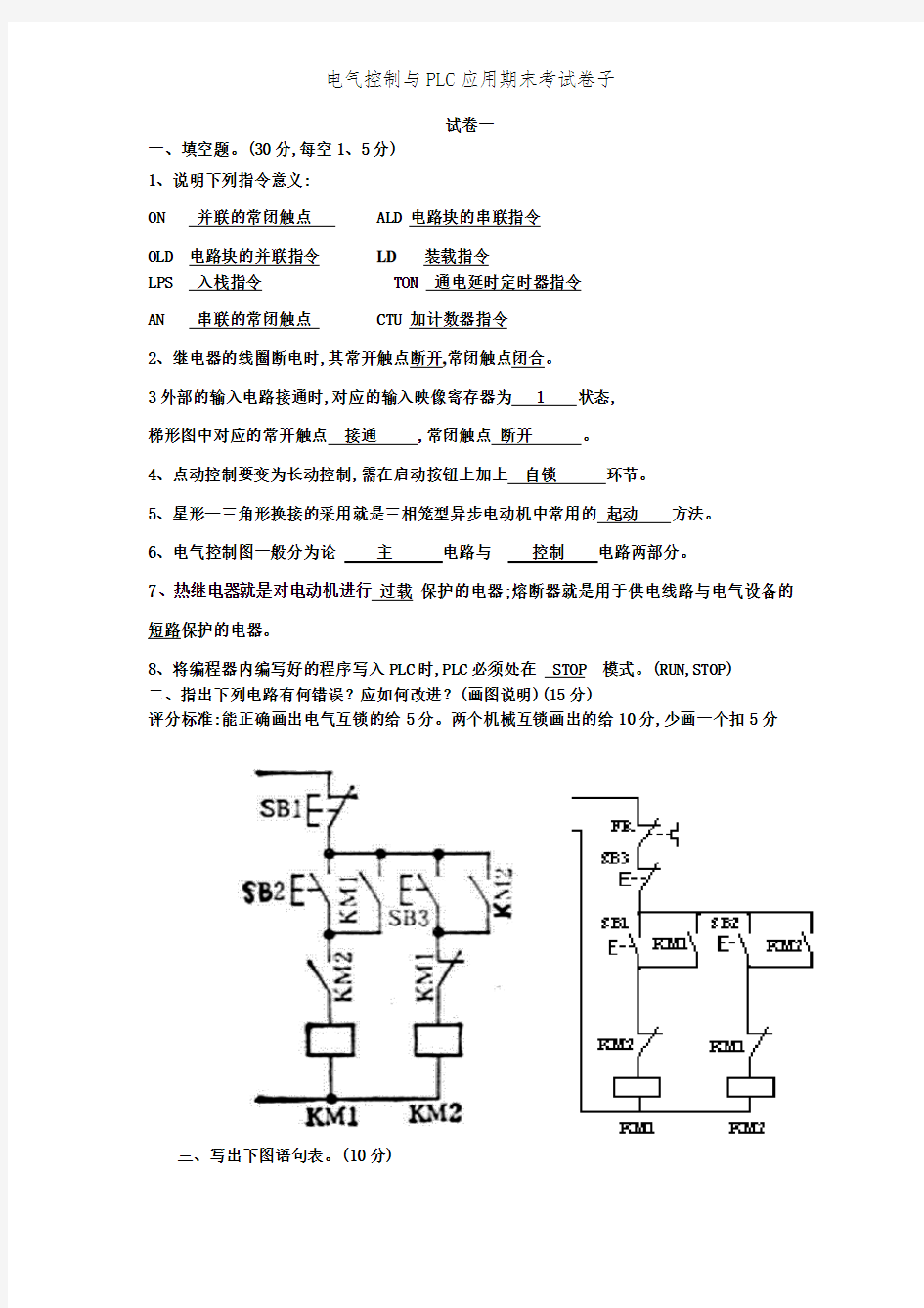 电气控制与PLC应用期末考试卷子