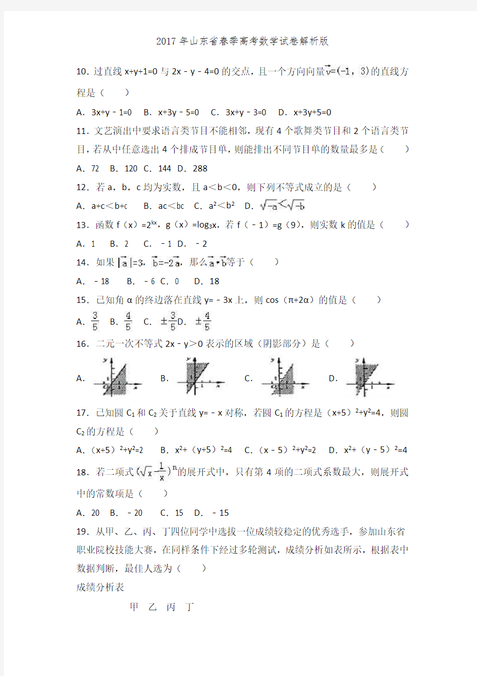 2017年山东省春季高考数学试卷解析版
