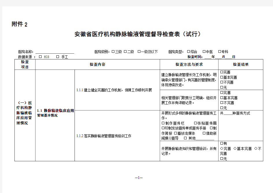 静脉输液管理督导检查表