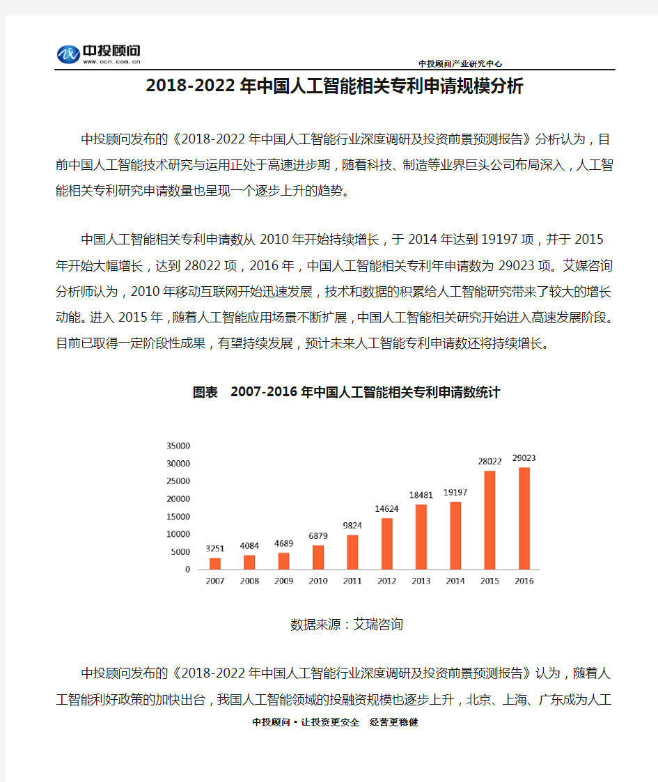 2018-2022年中国人工智能相关专利申请规模分析.