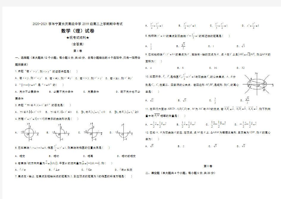 2020-2021学年宁夏长庆高级中学2019级高二上学期期中考试数学(理)试卷及答案