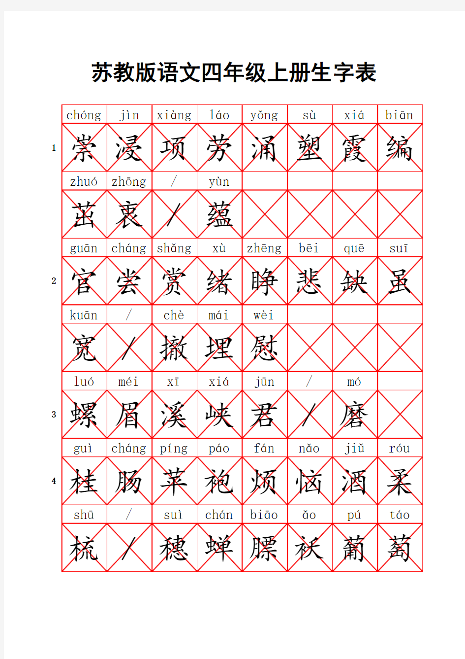 苏教版四年级语文上册生字表(带拼音、字帖版)
