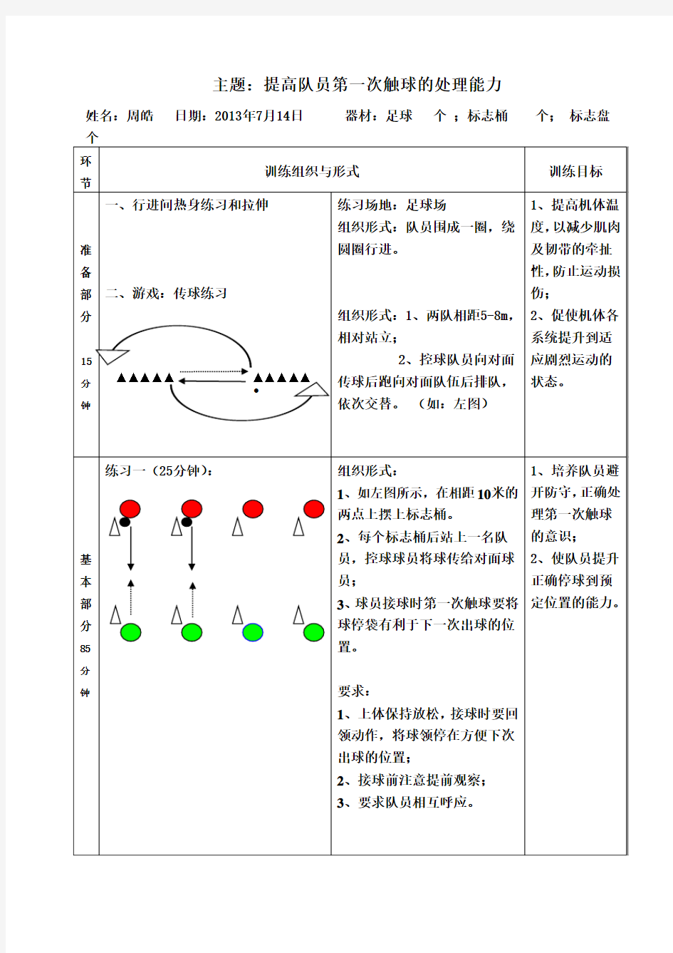 足球训练教案提高队员第一次触球的处理能力