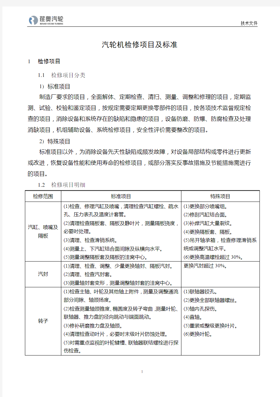 汽轮机检修项目及标准