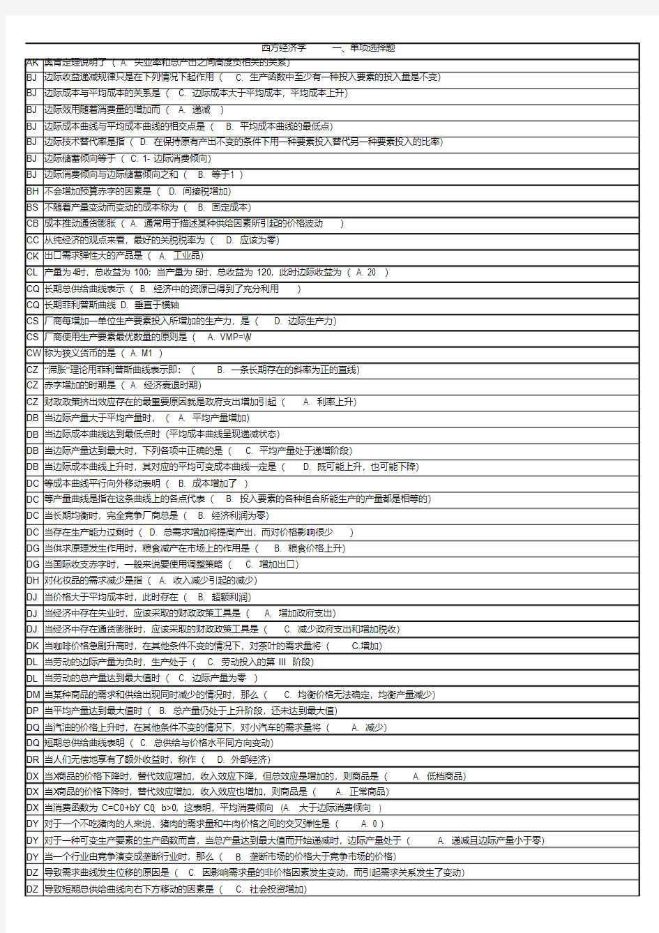 电大西方经济学(本科)机考题库