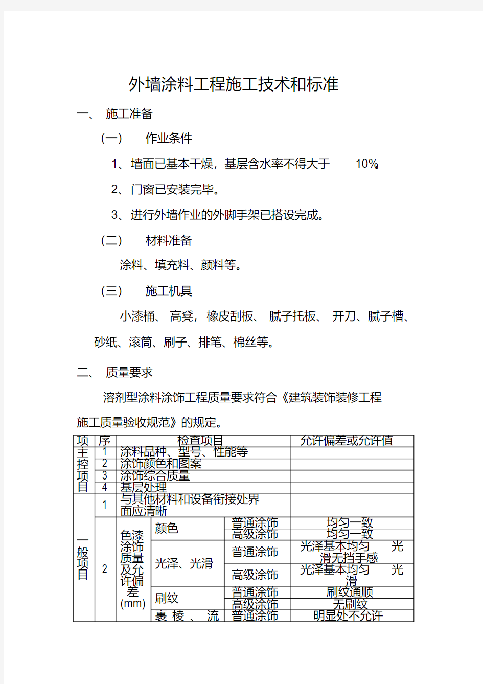 外墙涂料工程施工技术和标准