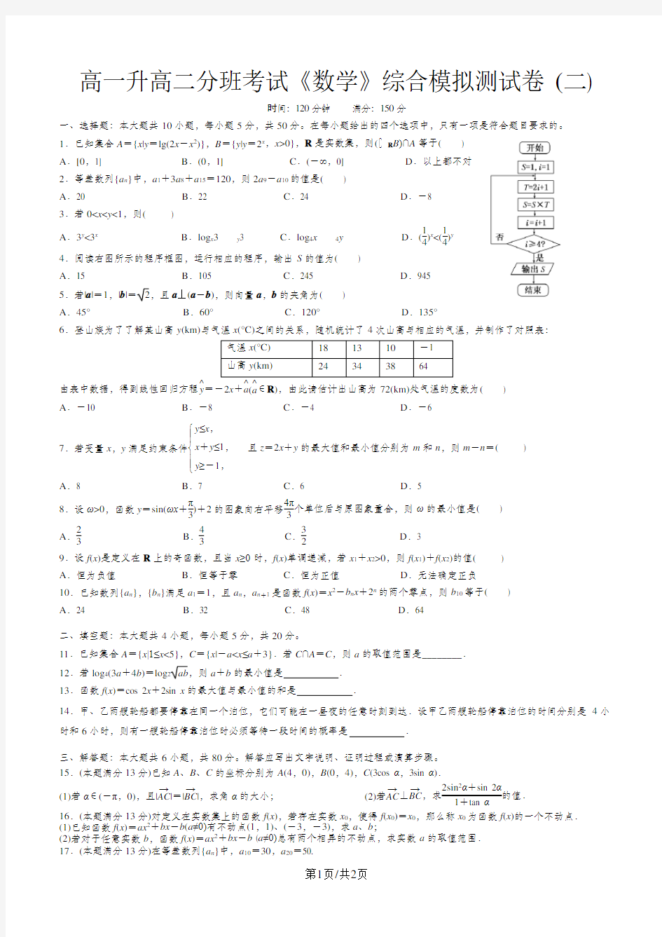 高一升高二分班考试《数学》综合模拟测试卷(二)(无答案)