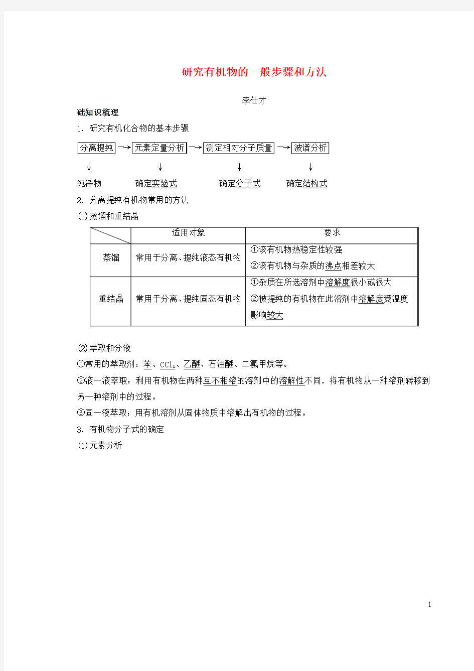 【高考推荐】2019-2020高考化学一轮复习专题研究有机物的一般步骤和方法(含解析)