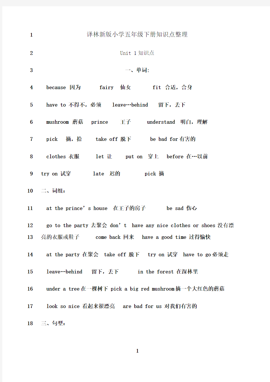 最新译林英语五年级下册知识点