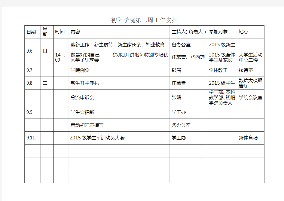 初阳学院第二周工作安排