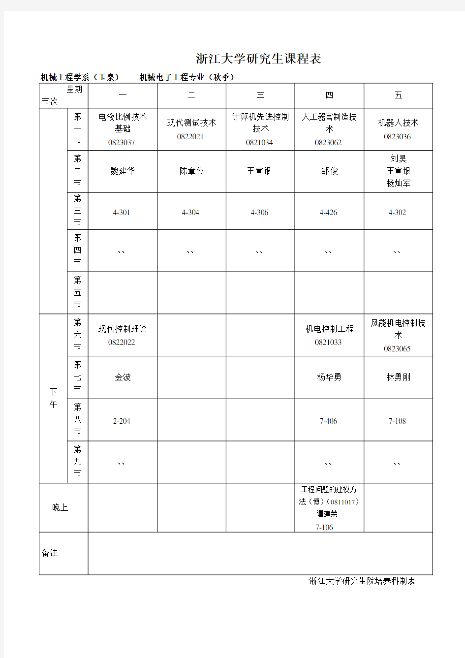 浙江大学研究生课程表