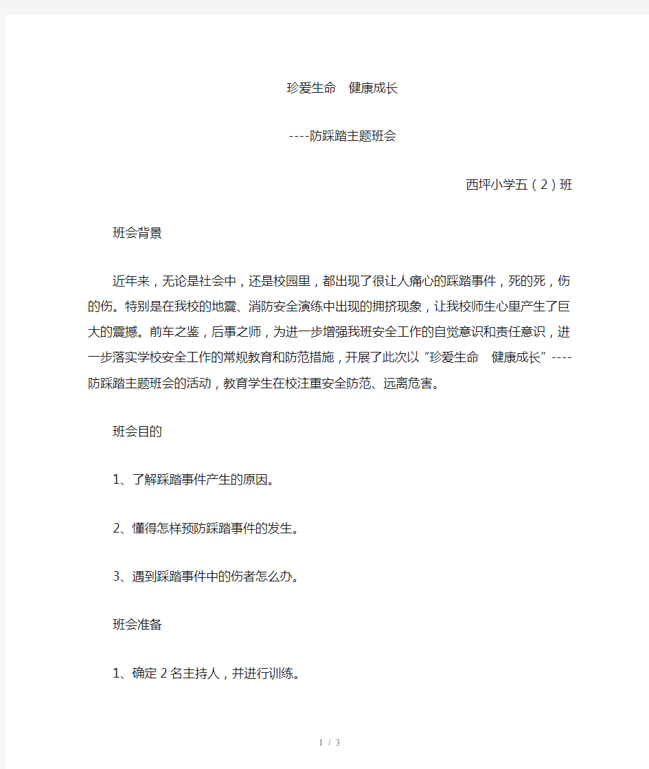 防踩踏主题班会教案