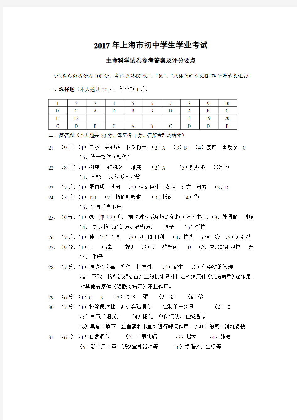 上海初中生命科学学业考参考答案