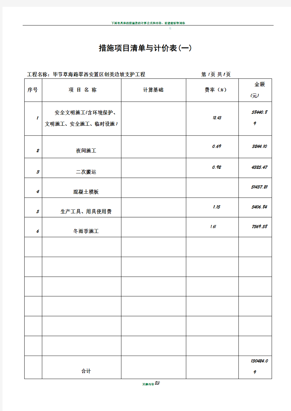 措施项目清单与计价表(一)