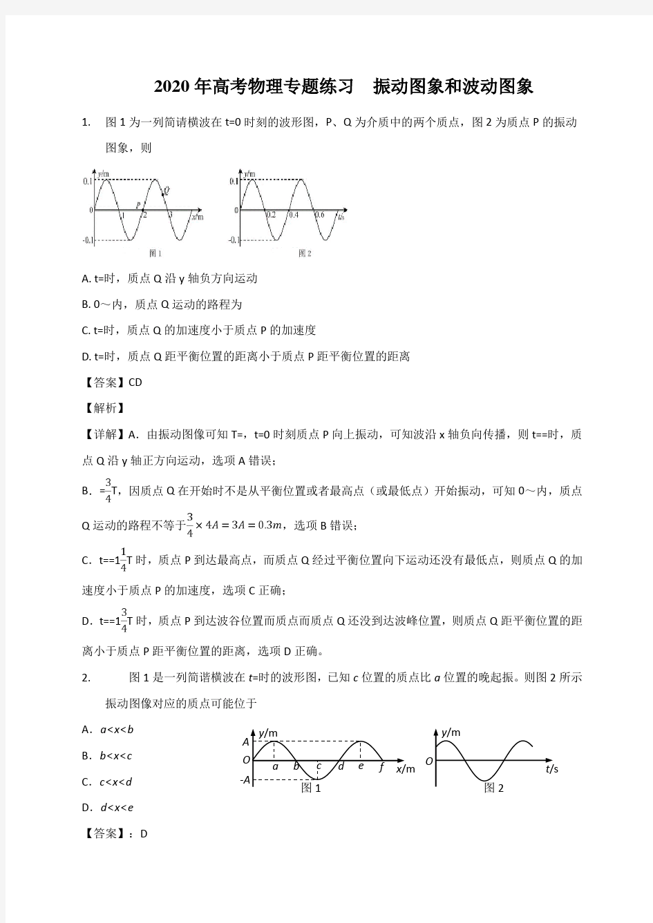 2020年高考物理专题练习振动图象和波动图象(含解析)