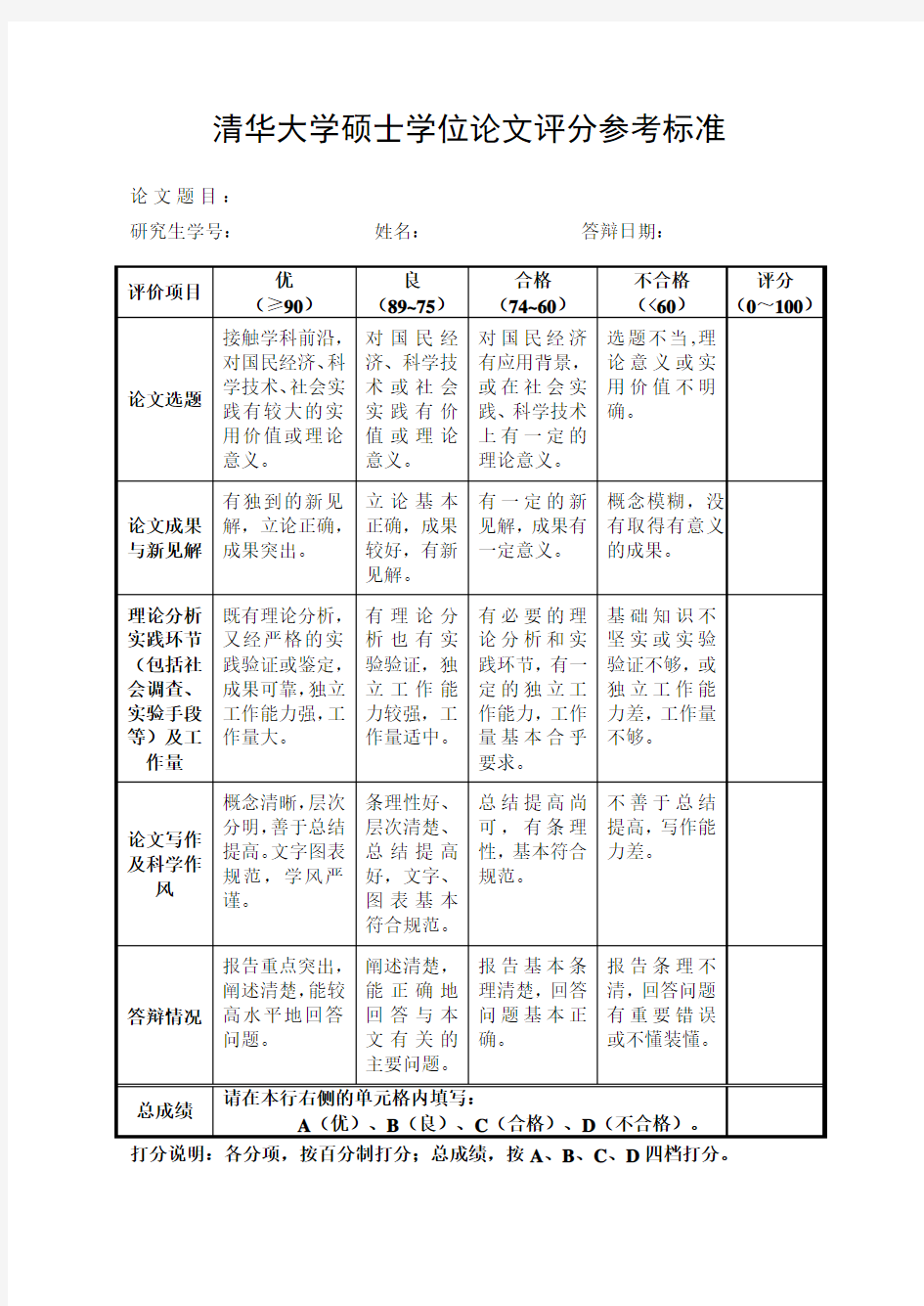 清华大学硕士学位论文评分参考标准