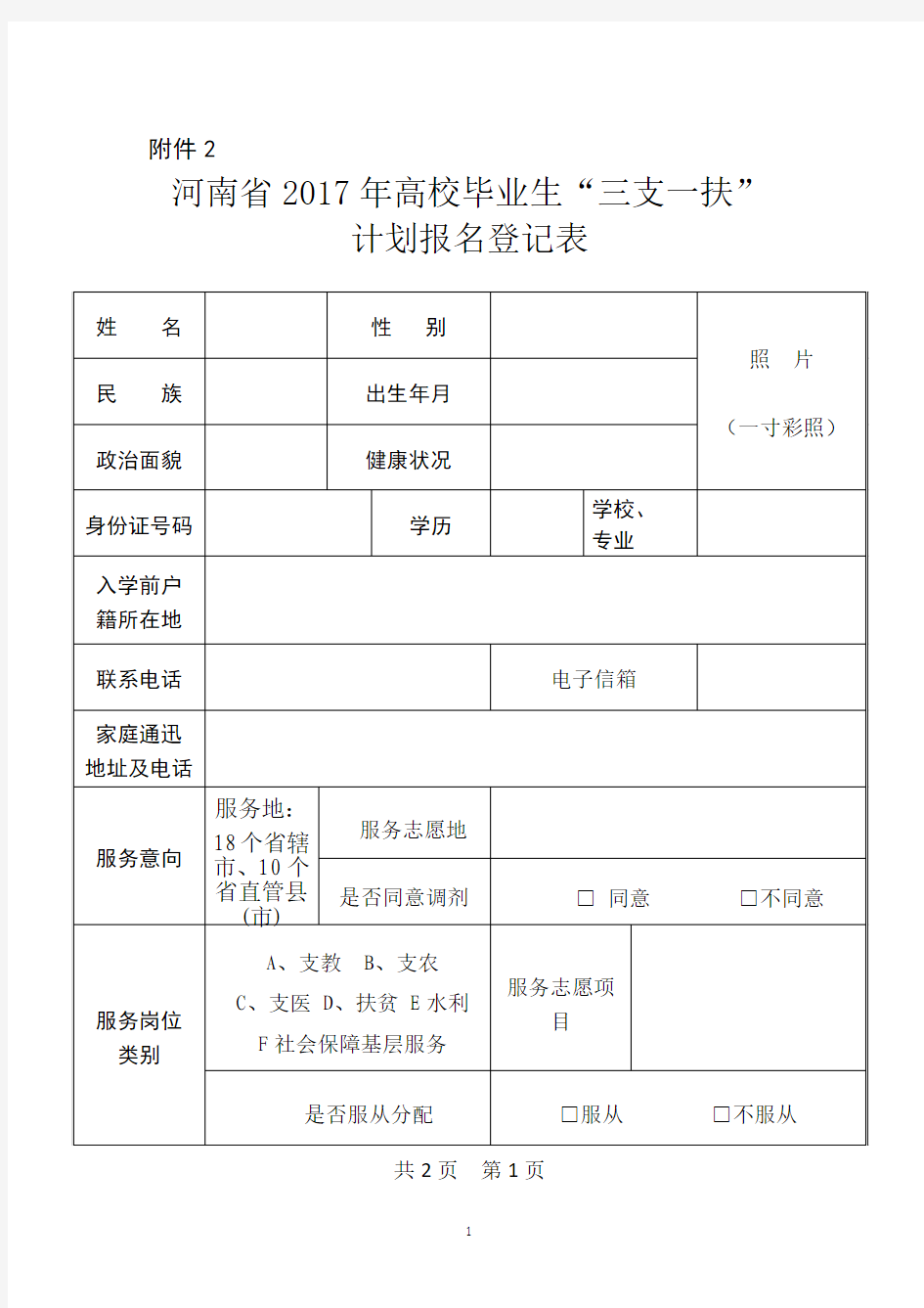 河南省2017年高校毕业生三支一扶计划报名登记表