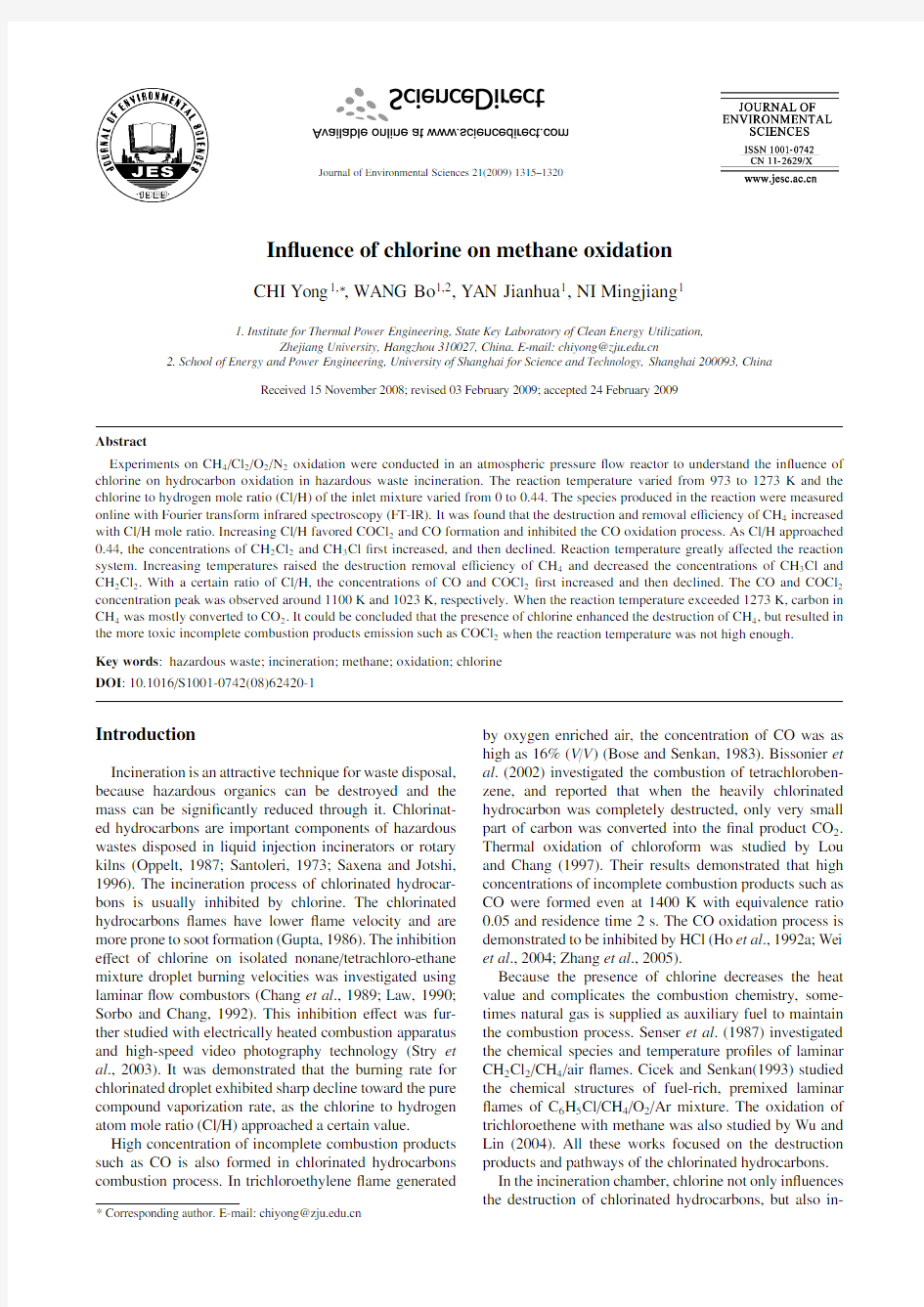 Influence of chlorine on methane oxidation