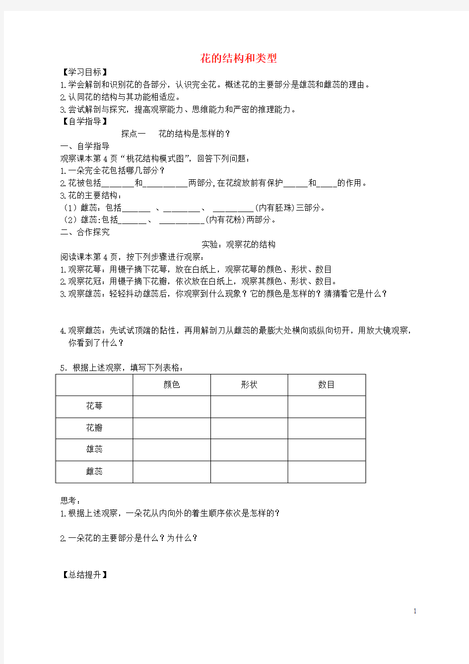 山东省单县希望初级中学八年级生物上册 4.1.1 花的结构和类型导学案