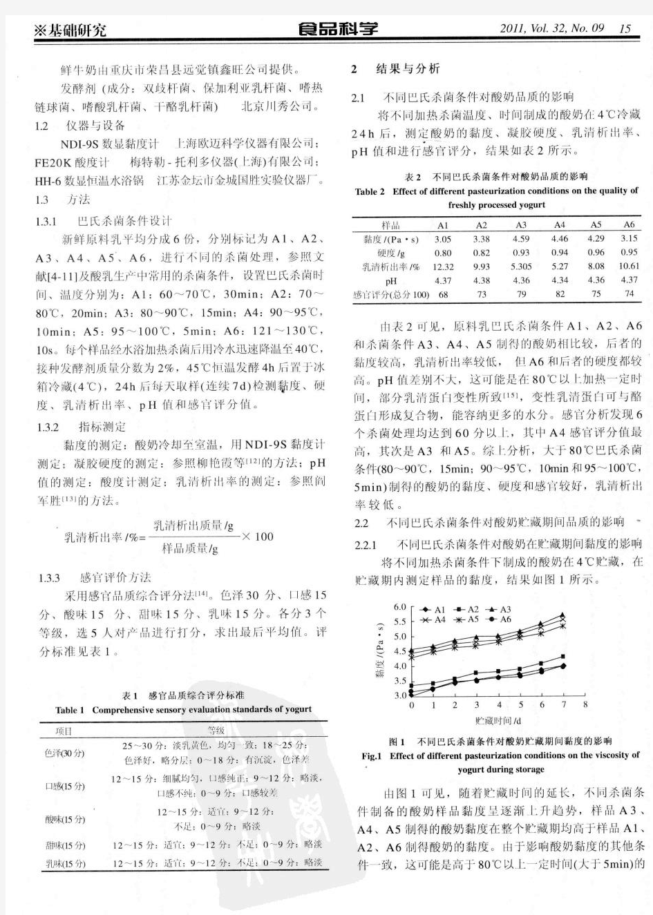 不同巴氏杀菌条件对酸奶品质的影响