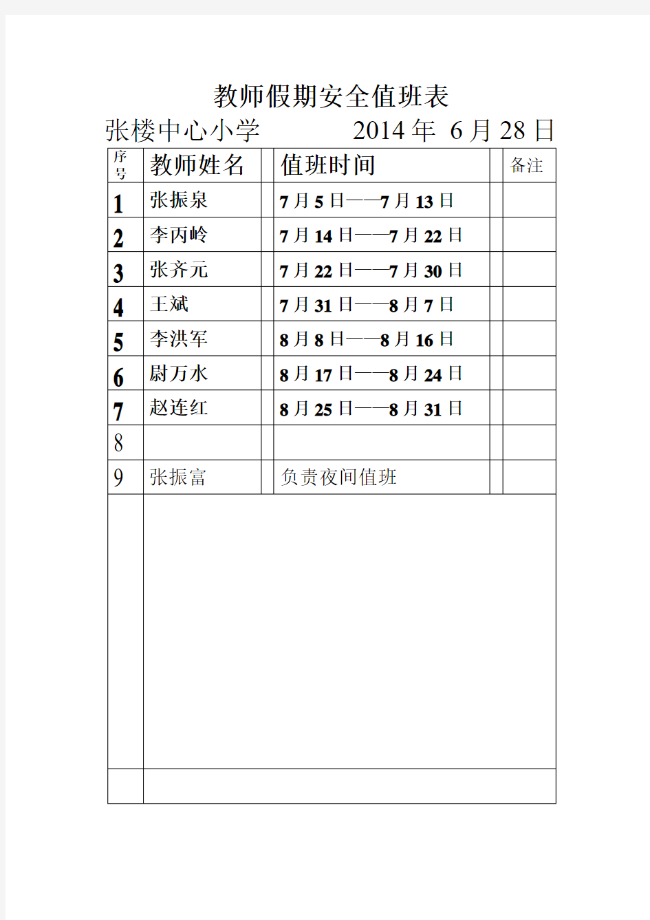 教师安全值班表