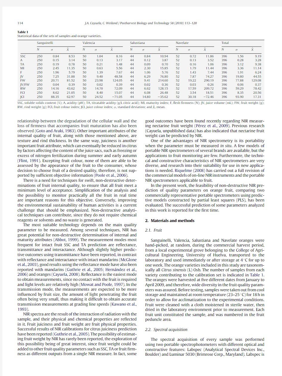 Intact orange quality prediction with two portable NIR spectrometers